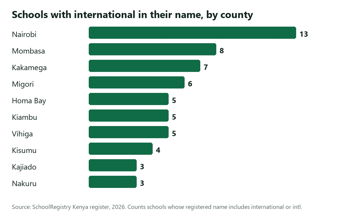 Bar chart of schools with international in their registered name, top ten counties
